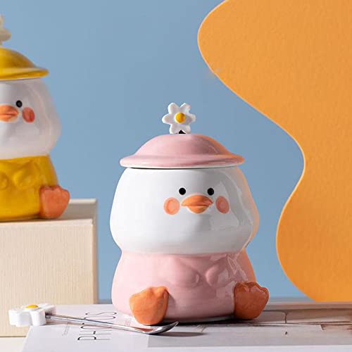 Pink Duck Coffee Mug with Hat Lid and Flower Spoon - Cute 3D Ceramic Drinkware