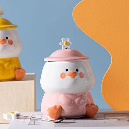 Pink Duck Coffee Mug with Hat Lid and Flower Spoon - Cute 3D Ceramic Drinkware