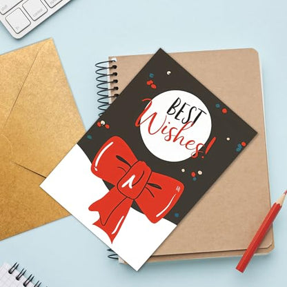 Christmas Greeting Card with Red Ribbon Bow - Elegant Holiday Note Card for Friends & Family (12 Pack)