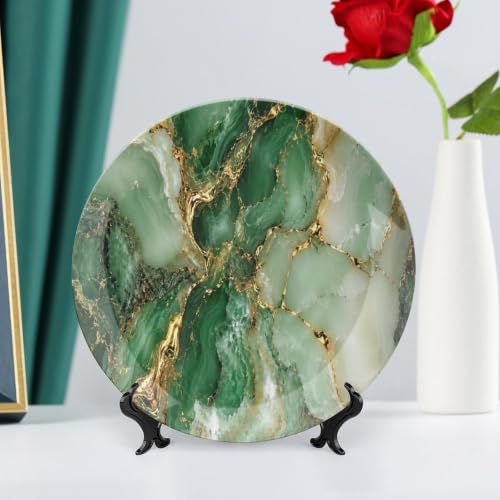 Emerald Marble Ceramic Decorative Plate with Gold Veins - 10 Inch Wall & Table Display