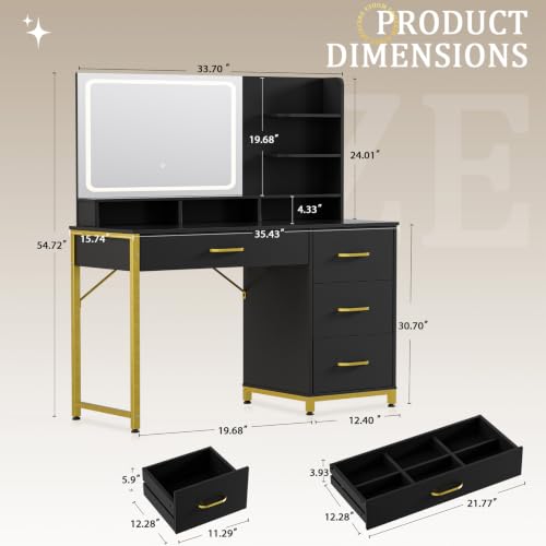 Black Makeup Vanity Table with Mirror & Lights, 4 Drawers & Storage Shelves - Large