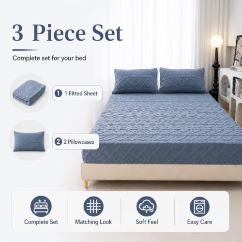 Blue Full Velvet Fitted Sheet & 2 Pillowcases Deep Pocket Up to 15 Inches - Carlmaya