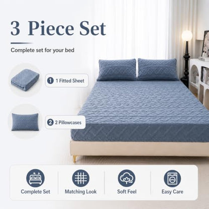 Blue Full Velvet Fitted Sheet & 2 Pillowcases Deep Pocket Up to 15 Inches - Carlmaya