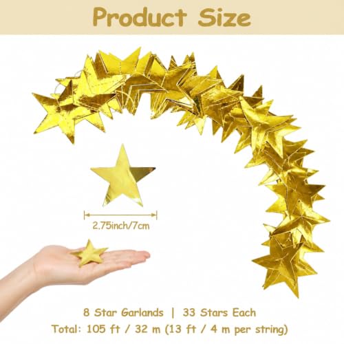 Gold Star Garland Decorations 8PCS 105FT Party Hanging String - Variation 01-Gold