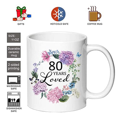 80 Years Loved 11oz White Ceramic Letter Print Mug - 80th Birthday Gift for Women