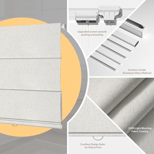 No Drill Linen Roman Shades - Custom Size, Light Filtering, Beige White B
