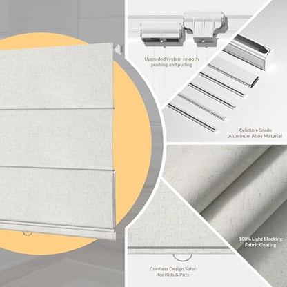 No Drill Linen Roman Shades - Custom Size, Light Filtering, Beige White B