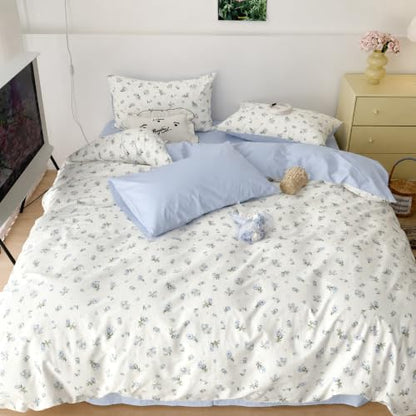 Queen Floral Duvet Cover Set - Blue 3-Piece Bed Bedding