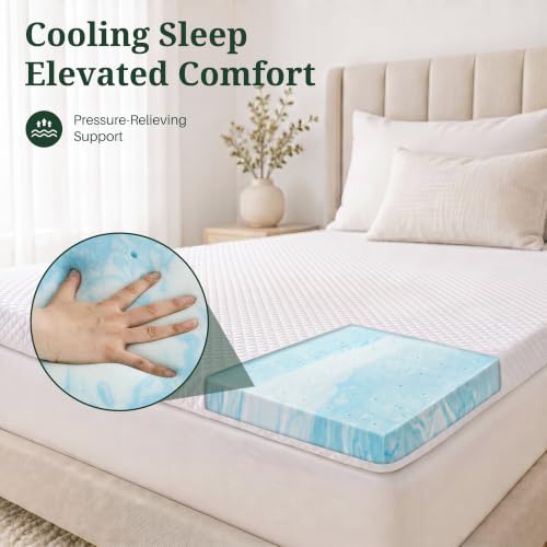 Twin Mattress Topper with Cover 2 Inch Ventilated Gel Memory Foam White