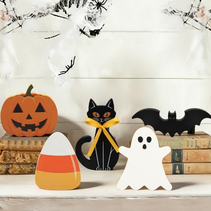 Halloween Wooden Decor Signs Set - Ghost Pumpkin Bat Black Cat Candy Corn
