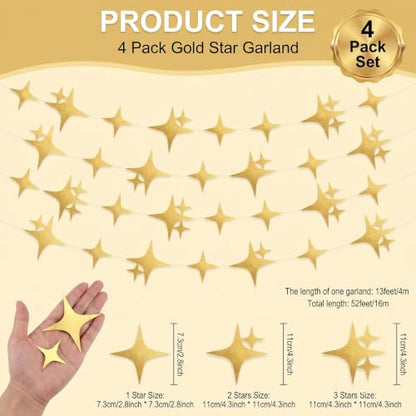 Gold Star Garland Decorations - 52 Feet Double-Sided Hanging Stars for Parties