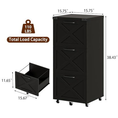 Farmhouse 3-Drawer Tall File Cabinet on Wheels - Black, Space-Saving Storage