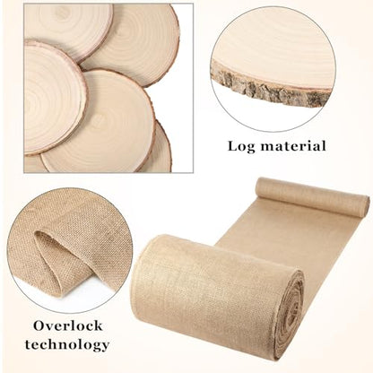 Tioncy Burlap Table Runner & Wood Slices Set - 50ft, 6 Pcs Natural Farmhouse Decor