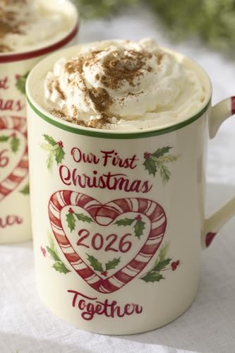 First Christmas Together Mug Set for 2 - Holly & Candy Cane Handles, 16oz