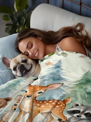 Green Twin XL Flat Sheet - Summer Forests Bear Fox Raccoon Microfiber Bedding