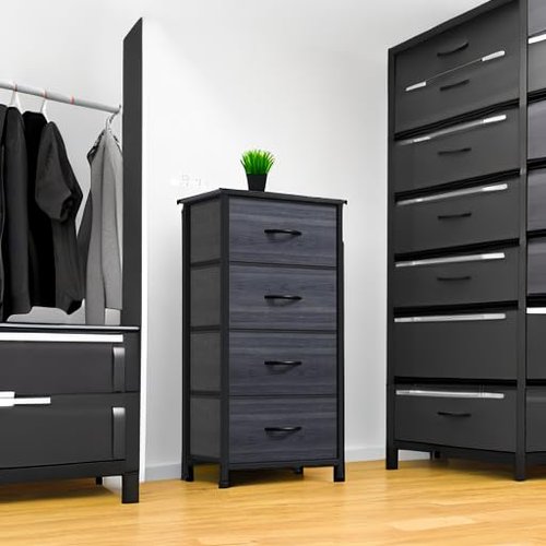 DWVO 4 Drawers Dresser, Dresser for Bedroom, Fabric Storage Tower, Chest of Drawers, Organizer Unit for Closets, Living Room, Sturdy Steel Frame, Wooden Top, Easy Pull Fabric Bins