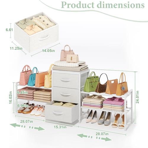 Expandable Closet Organizer with 3 Drawers, White, 47.2-71.5W x 11.4D x 24H