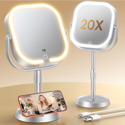 Lighted Makeup Mirror with Magnification 20X/1X, Adjustable Height, LED Display