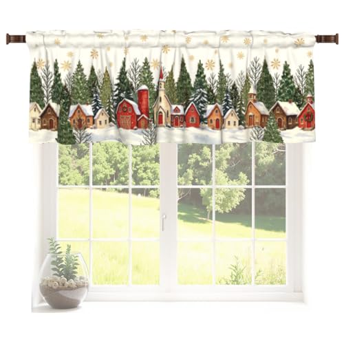 Christmas Village Snowy Window Valance - Rustic Winter Kitchen Decor 54x18 Inch - Variation 2