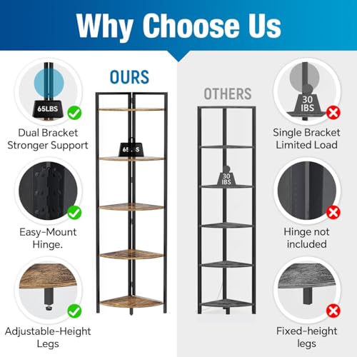 5-Tier Corner Bookshelf with LED Lights, Heavy-Duty Tall Storage Unit