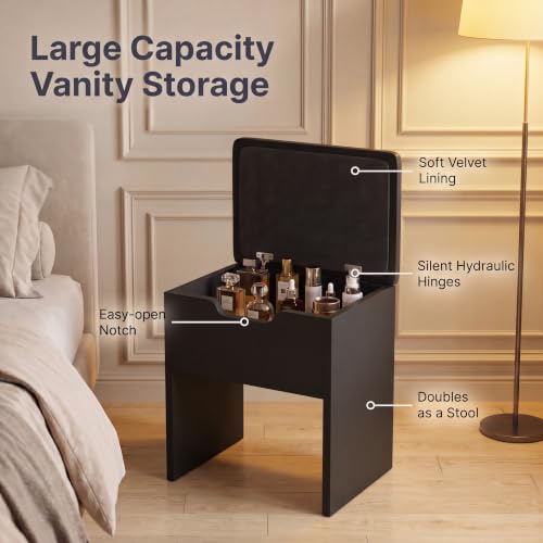 Vanity Desk with LED Mirror and 3-Color Lighting – 35.4" Bedroom Vanity Set with 2 Drawers & Open Shelves, Black