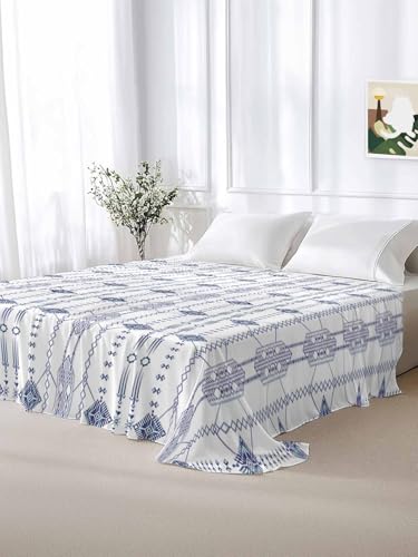 Blue Ethnic Seamless Queen Flat Sheet Microfiber Bed Bedding - Breathable & Wrinkle-Free