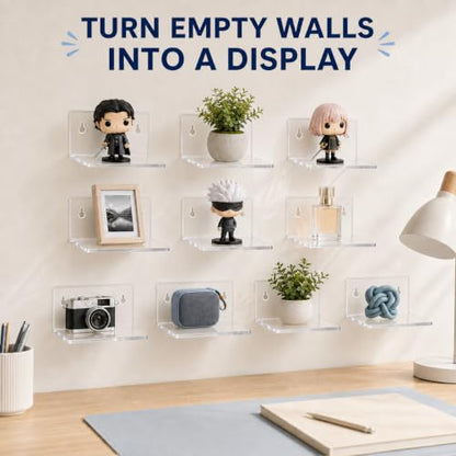 10 Pack Small Clear Acrylic Floating Wall Shelves for Display