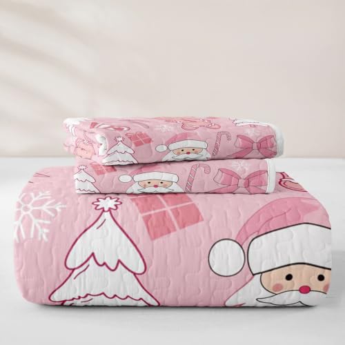 Pink Christmas Quilt Set with Santa & Gingerbread Man - Full Size, White Beige Pink Variation