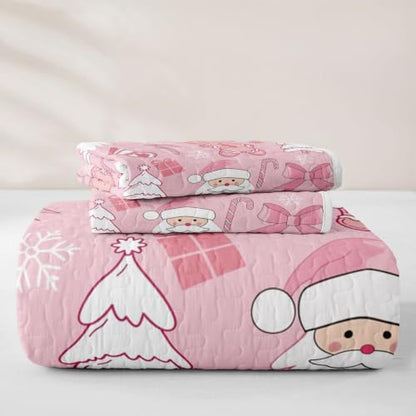 Pink Christmas Quilt Set with Santa & Gingerbread Man - Full Size, White Beige Pink Variation