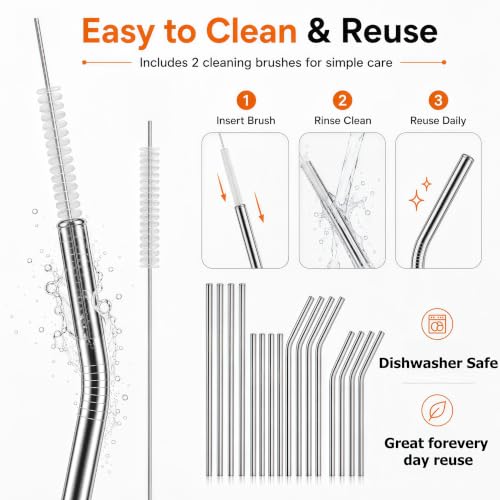 Reusable Metal Drinking Straws Set for 20 & 30 oz Tumblers with Cleaning Brushes