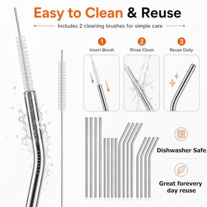 Reusable Metal Drinking Straws Set for 20 & 30 oz Tumblers with Cleaning Brushes