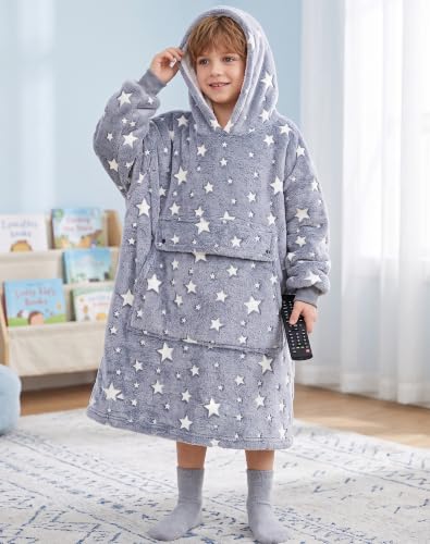 Glow in the Dark Wearable Blanket Hoodie for Kids & Adults Oversized Sherpa Fleece