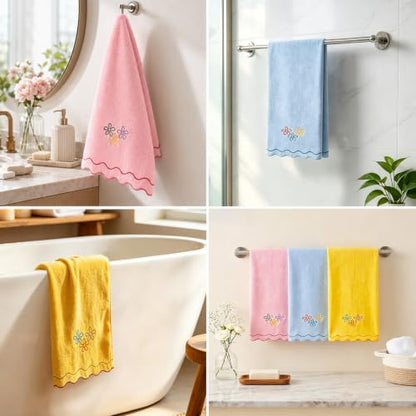 Cartoon Cotton Hand Towels Set - Embroidered Floral Scalloped Edge Bathroom Kitchen Decor