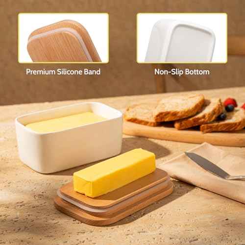 Sweese Large Butter Dish - Airtight Butter Keeper Holds Up to 2 Sticks of Butter - Porcelain Container with Beech Wooden Lid, White