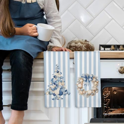 Blue Coastal Christmas Tree Kitchen Towels Set of 2 - Seashell & Starfish Holiday Decor - Variation 11