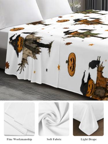 Halloween Twin Flat Sheet with Pumpkins & Crows - Orange, 66x96 inches, Soft Bedding