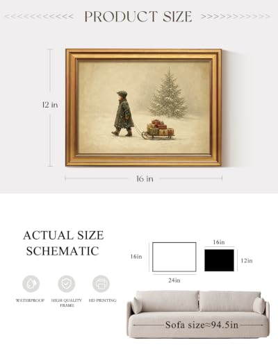 Christmas Wall Art - Vintage Winter Scene with Gold Frame, 12x16 Inch - Gift Sleigh Journey