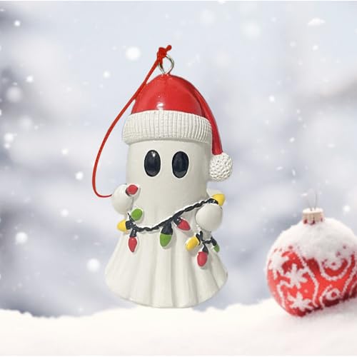 Christmas Ghost Ornament with Santa Hat - Resin Holiday Hanging Decor
