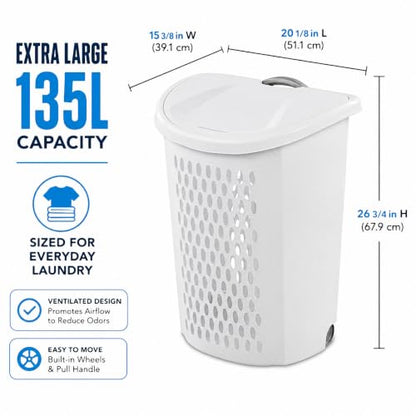 Rolling Laundry Hamper with Lid - White Plastic Wheeled Laundry Basket - Variation 1