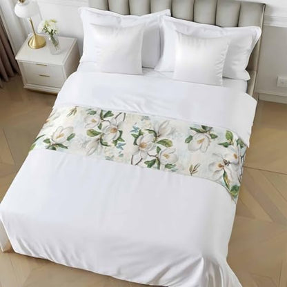 94x20in White Magnolia Flower Bed Runner for King Bed - Decorative Bed Scarf
