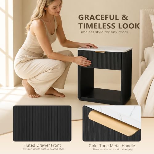 23.1-Inch Wide Fluted Nightstand with Drawer & Open Shelf, Black Finish