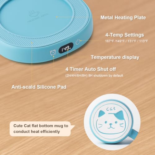 Blue Cat Mug Warmer Set for Desk with Heated Cup and Spoon
