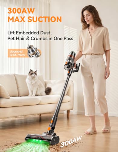 Cordless Vacuum Cleaner, 300AW Suction, 65Min Runtime, Self-Standing with Orange Variation