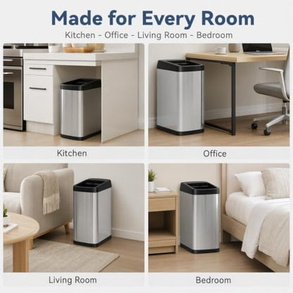 ELLO&ALLO 13 Gallon Touchless Motion Sensor Trash Can - Brushed Stainless Steel, Large, Rolling Lid