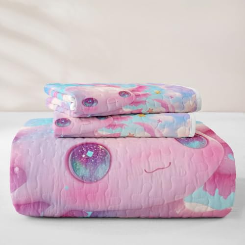 Colorful Axolotl Quilted Bedspread for Twin Bed - Galaxy Cloud Pattern