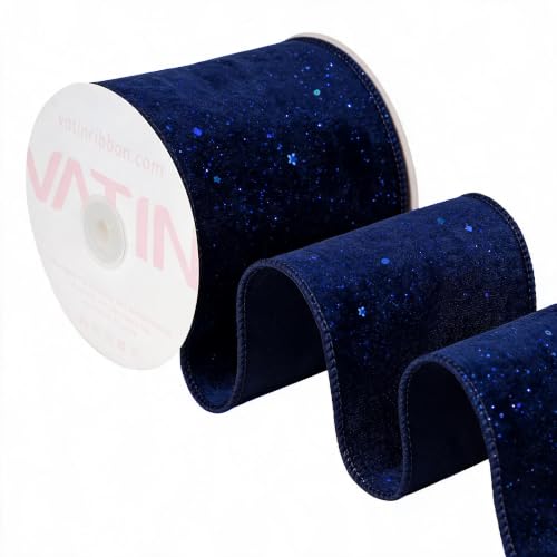 Navy Glitter Wired Ribbon 4 Inch x 10 Yard Christmas Decorations
