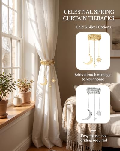 Gold Celestial Sun and Moon Elastic Curtain Tiebacks - Vintage Style
