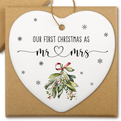 Our First Christmas as Mr & Mrs Heart Ornament - Wedding Gift, Bridal Decor