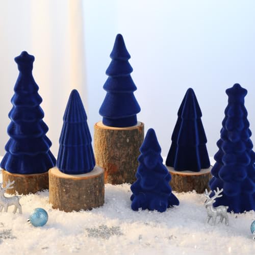 Bucherry Blue Christmas Ceramic Velvet Tree Set - 6 Pcs, 3 Sizes, Holiday Table Decor