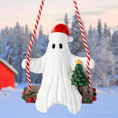 Halloween Ghost Swing Ornament with Santa Hat - Holiday Seasonal Decor